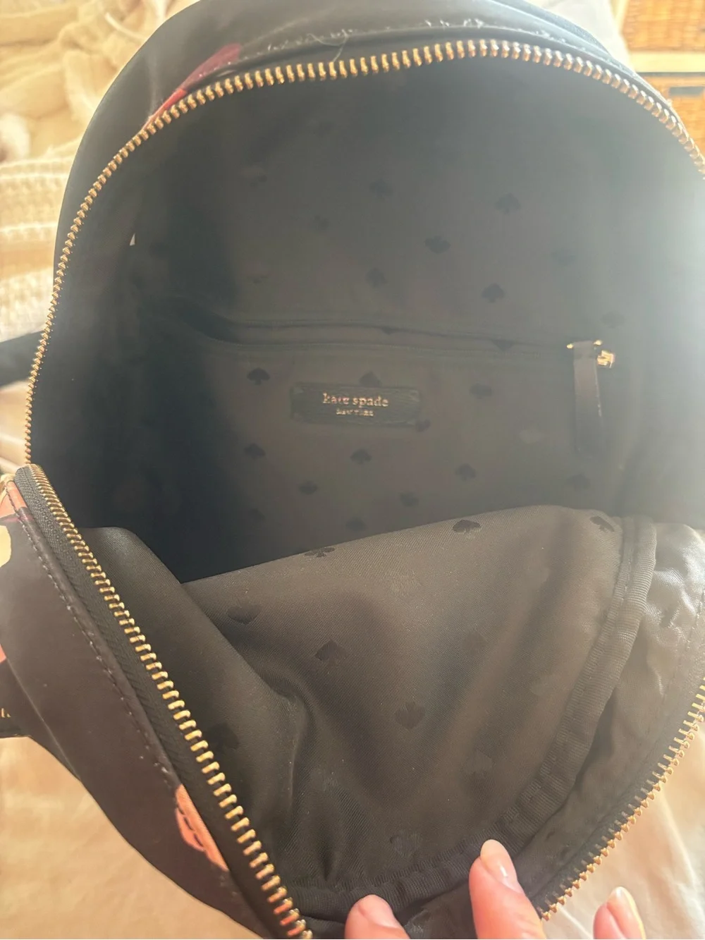 kate spade Black Floral Print Nylon Backpack with Matching Wallet